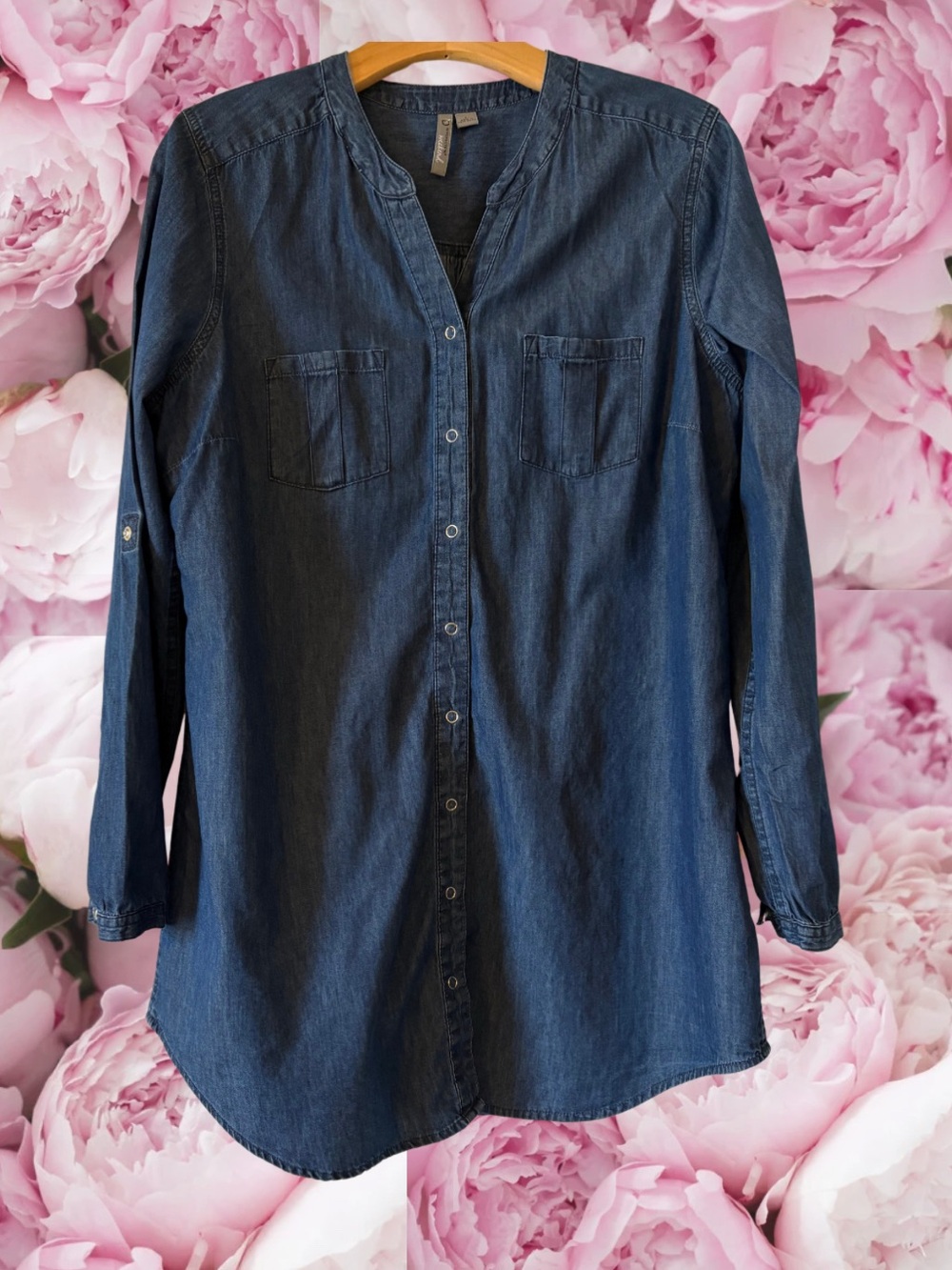 Denim Tunic Top New Directions Weekend 100% Cotton Flowy Button Up Roll Sleeves